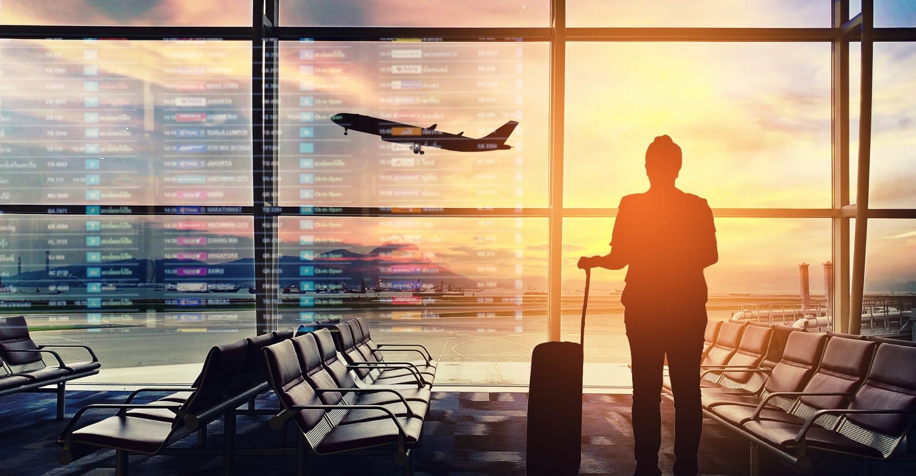 Silhouettes passenger airport. Airline travel concept.