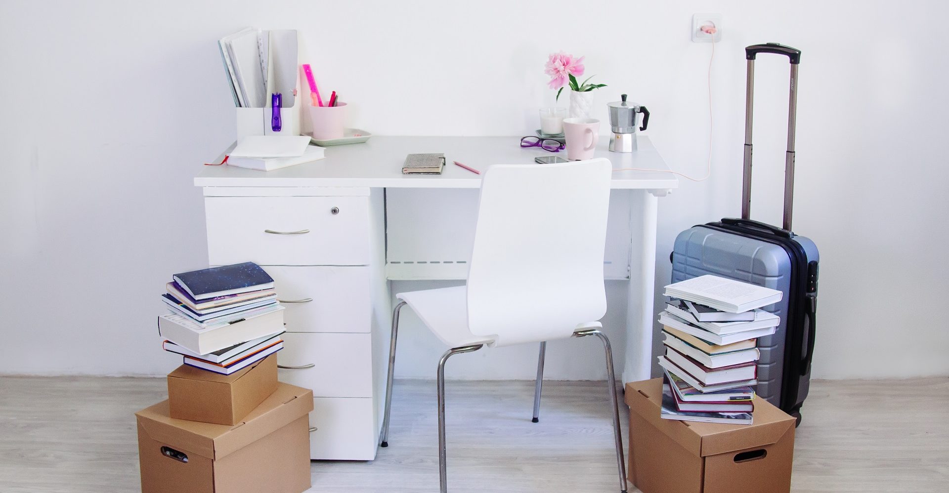 stationery room, table with stationery. back to college, ready for studying.
